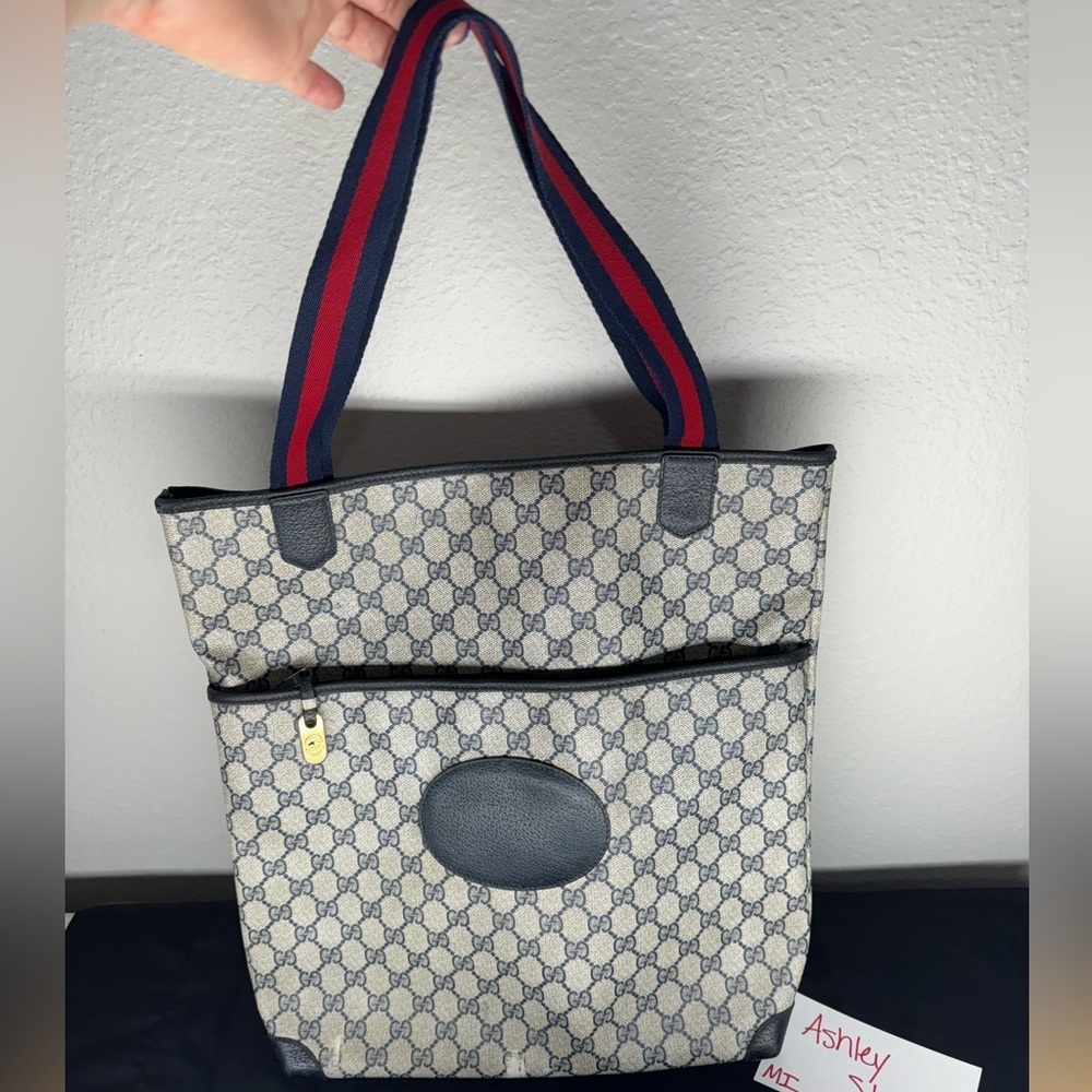 Gucci Beige Monogram Canvas Tote with Navy & Red Straps